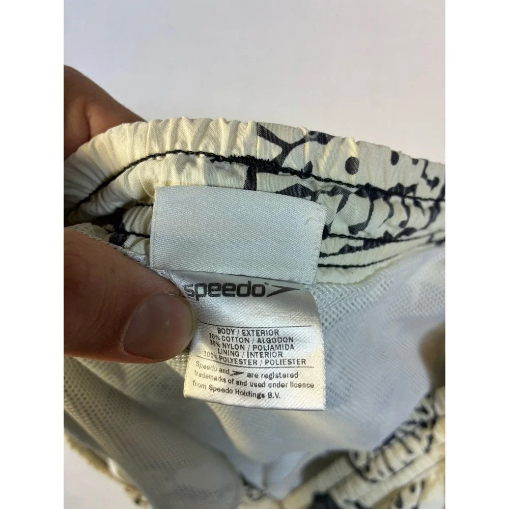 Speedo Men's Medium Swim Trunks Board Shorts Cream Black Paisley Floral Mesh‎